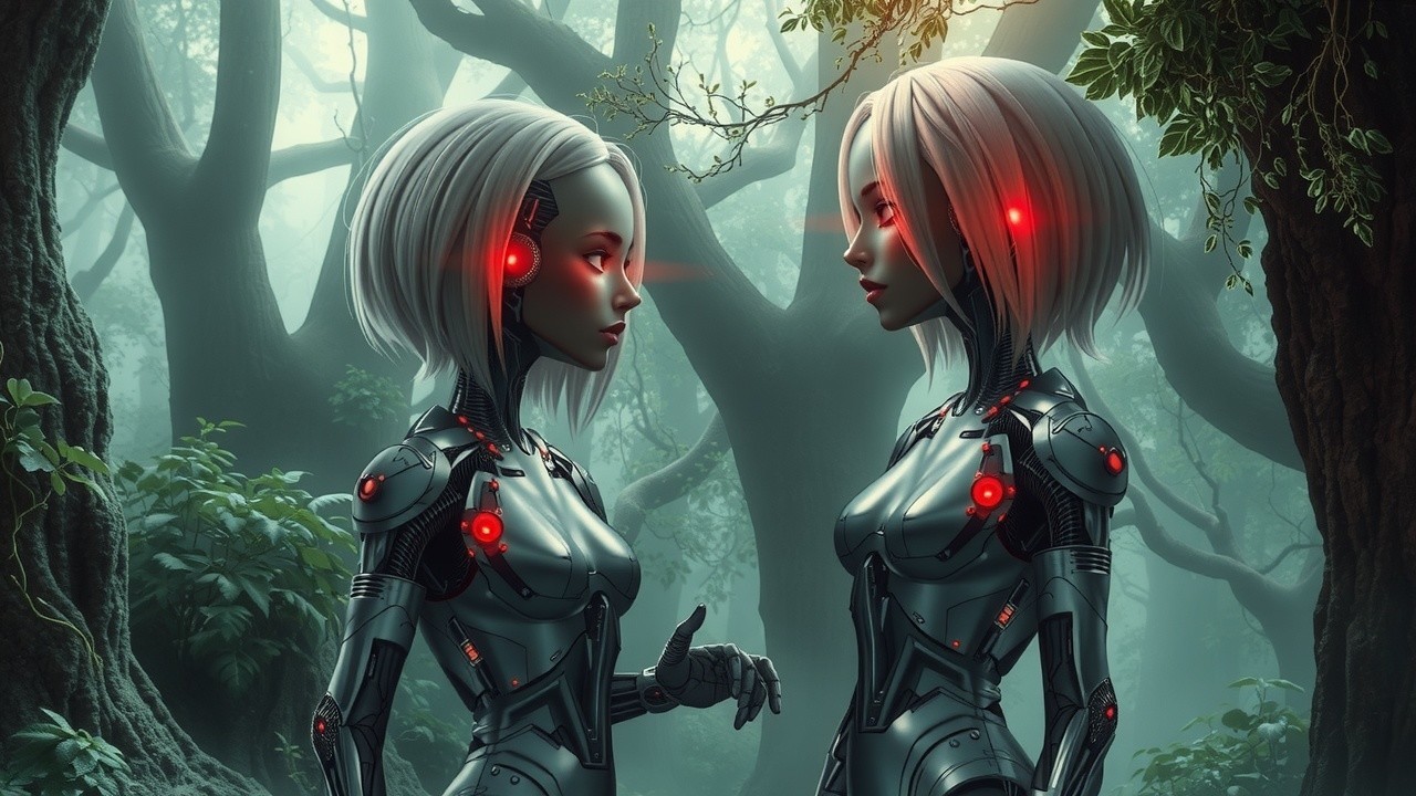 Futuristic Robots in a Mystical Forest Setting