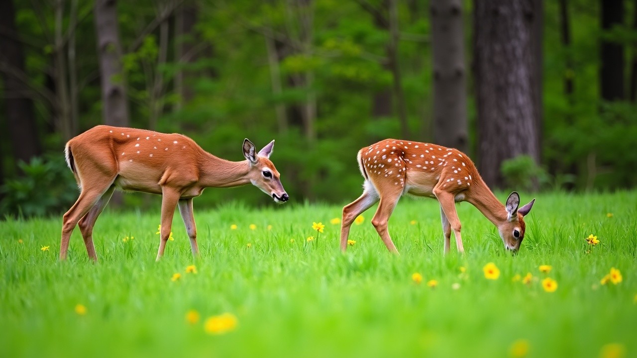 Deer Grazing in a Lush Green Meadow with Flowers
