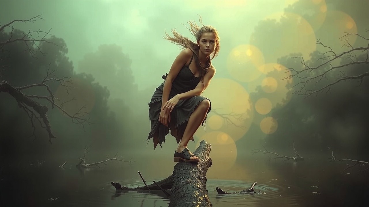 Young woman on log in misty woodland setting