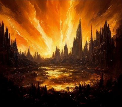 Dramatic Fiery Landscape with Jagged Mountains and Lake