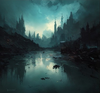 Eerie Landscape with Mist and Crumbling Structures