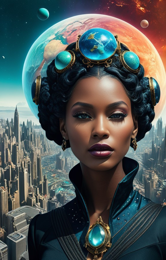 Regal Figure in Futuristic City with Celestial Bodies