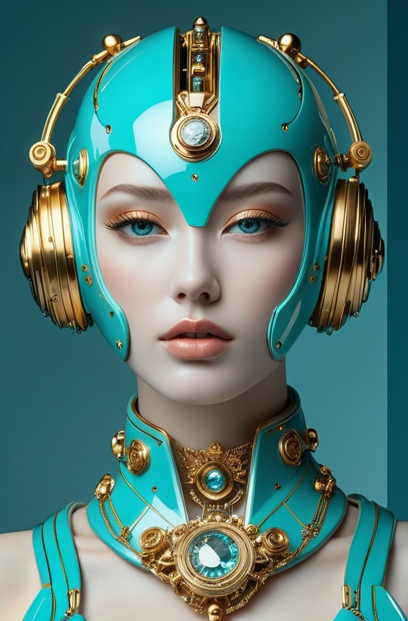 Futuristic figure with turquoise headpiece and headphones