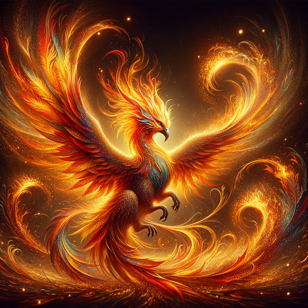 Phoenix Rising in Vibrant Flames and Golden Light