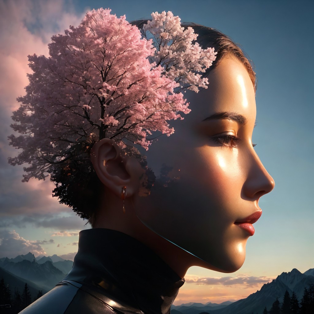 Profile of a Woman with Cherry Blossom Hair and Sunset