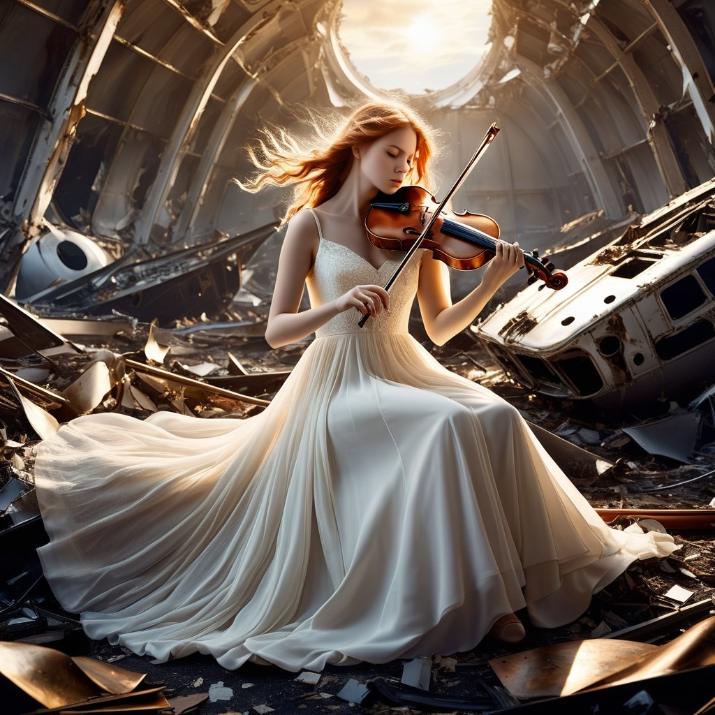 Young Woman in White Dress Playing Violin in Ruins