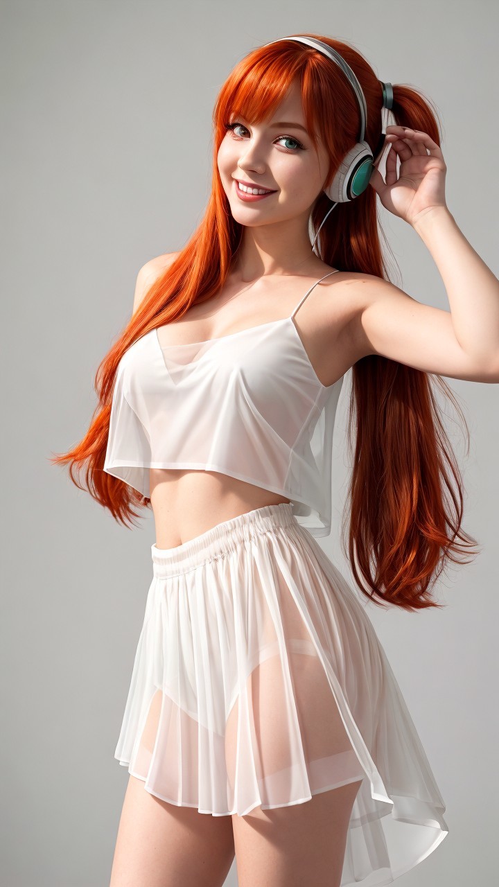 Young woman in sheer white outfit with headphones