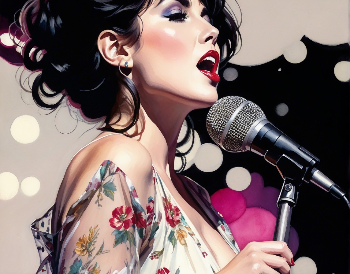 Glamorous Woman Singing with Vintage Microphone