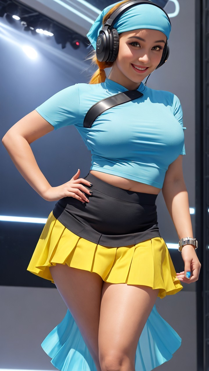 Young woman in vibrant outfit with modern accessories