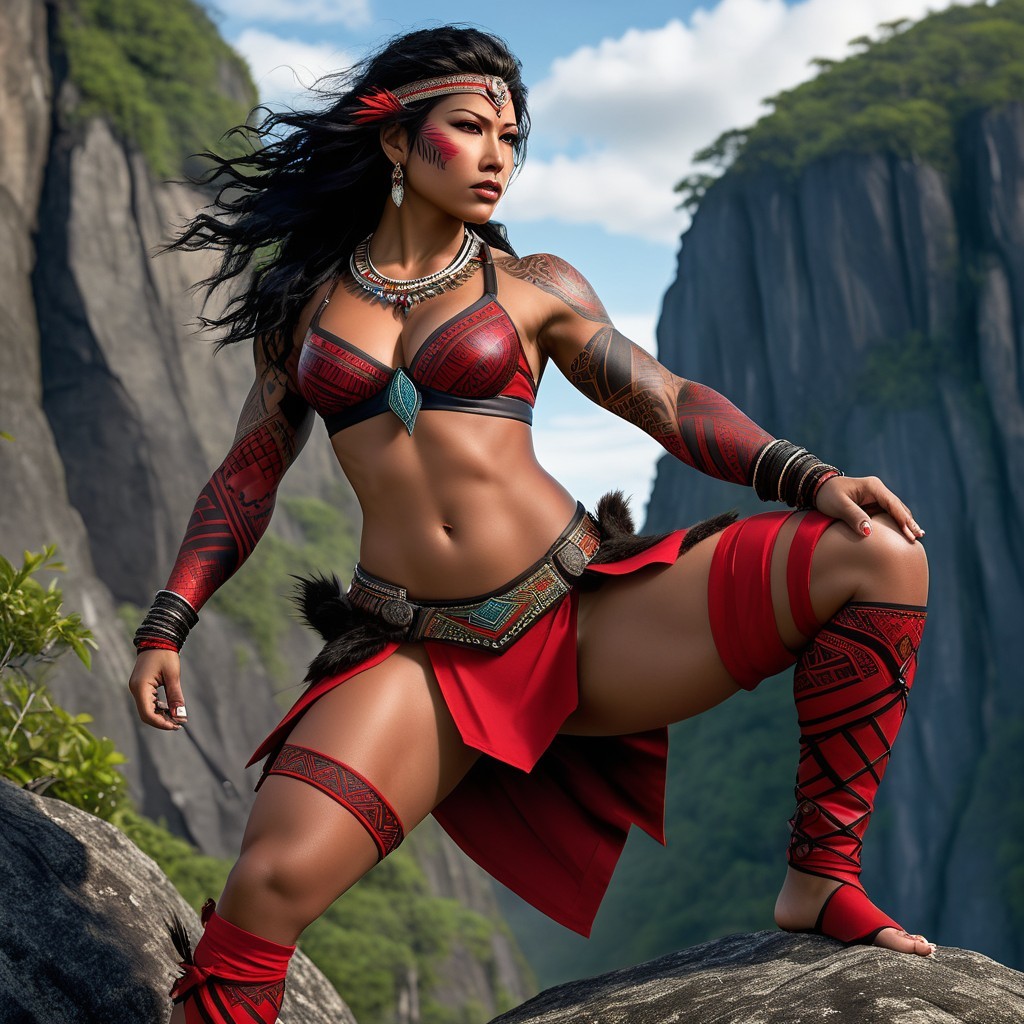 Warrior Woman in Ornate Attire Amidst Mountain Landscape