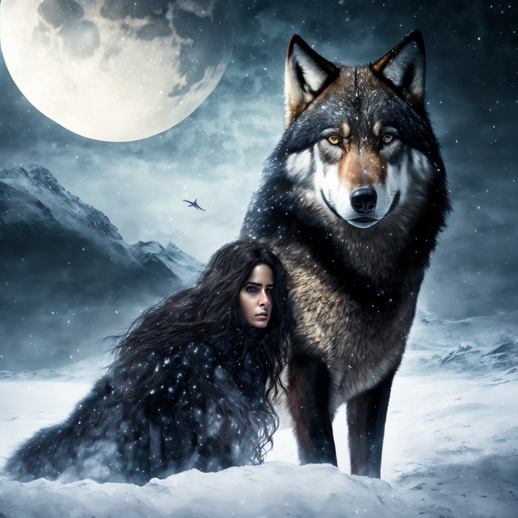 Mystical Snowy Landscape with Woman and Wolf