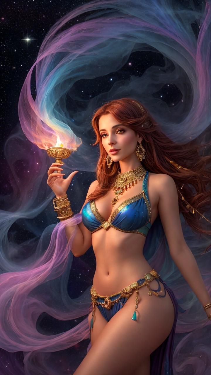 Cosmic Figure with Glowing Torch and Vibrant Outfit