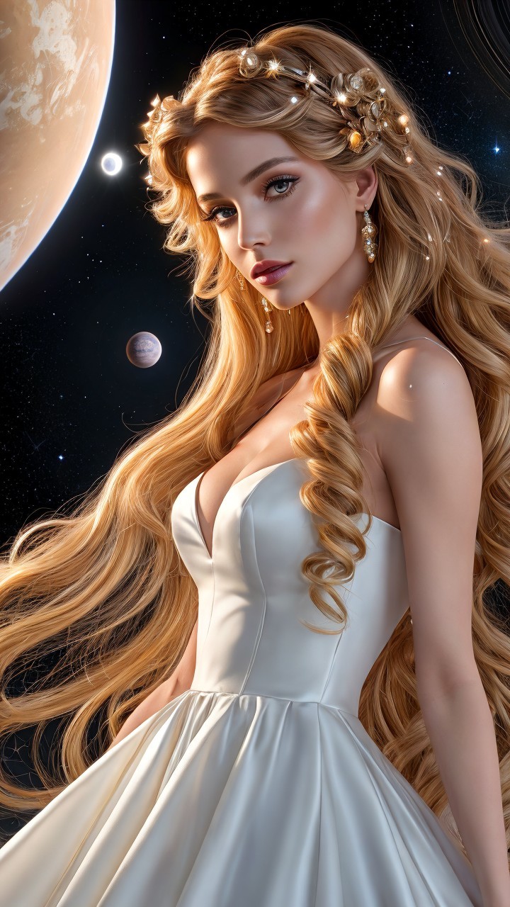 Woman in White Gown Against Cosmic Backdrop