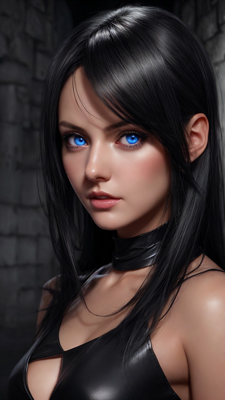 Portrait of a young woman with black hair and blue eyes