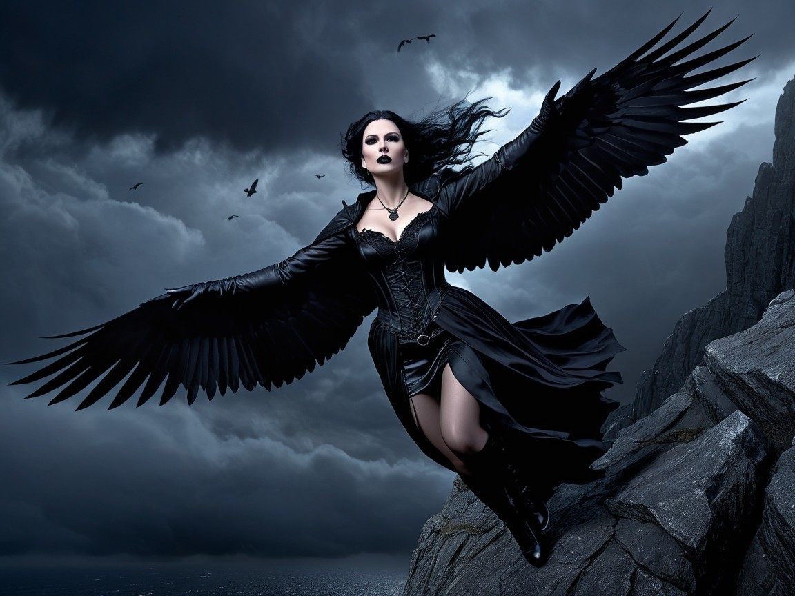 Gothic Woman in Black Corset with Crow Wings in Storm