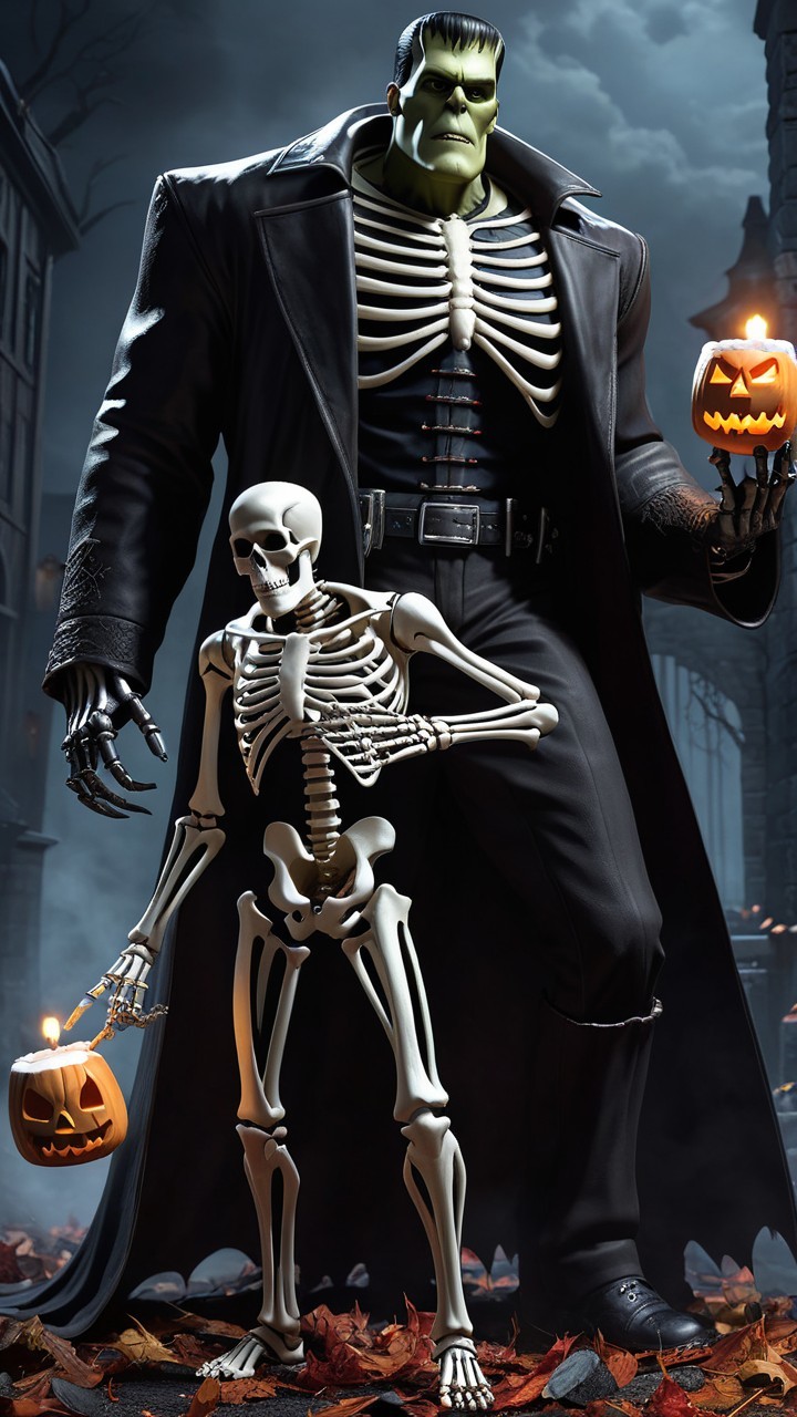 Frankenstein and Skeleton in Spooky Halloween Scene