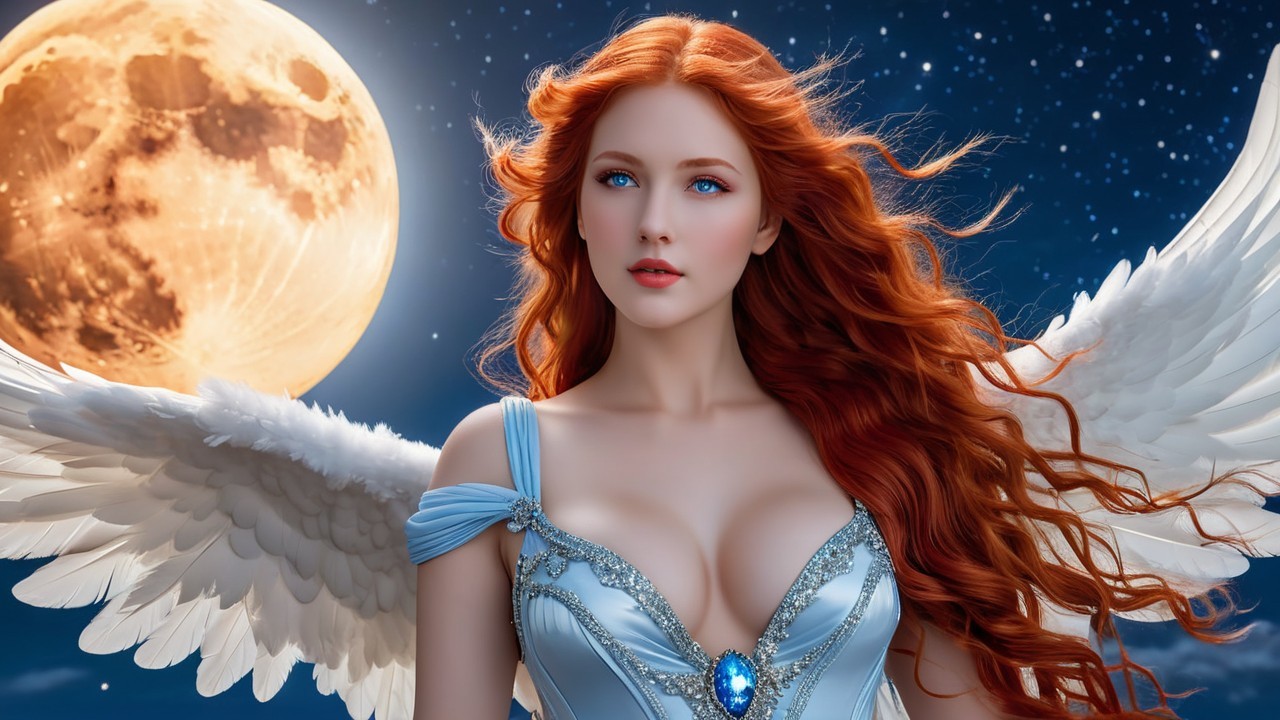 Young woman with red hair and feathered wings at night