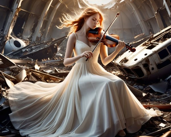 Young Woman in White Dress Playing Violin in Ruins