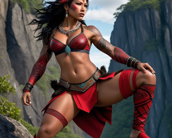 Warrior Woman in Ornate Attire Amidst Mountain Landscape