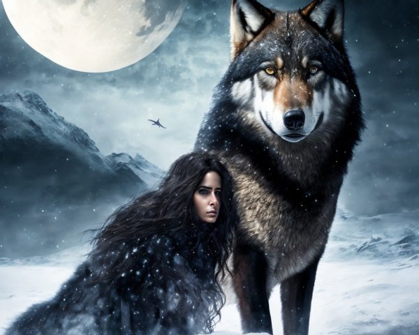 Mystical Snowy Landscape with Woman and Wolf