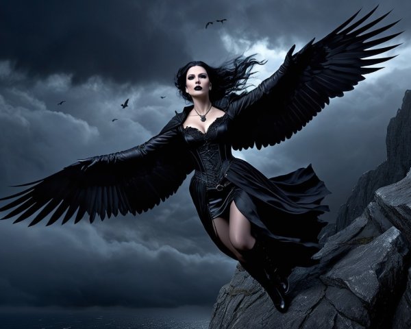 Gothic Woman in Black Corset with Crow Wings in Storm