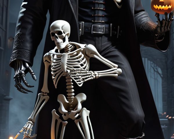 Frankenstein and Skeleton in Spooky Halloween Scene