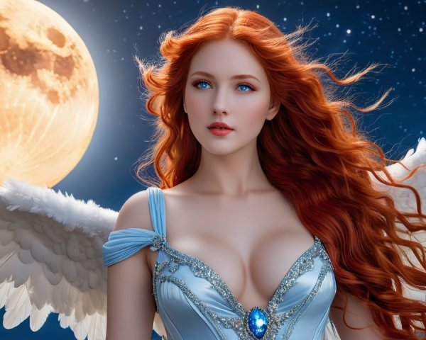 Young woman with red hair and feathered wings at night