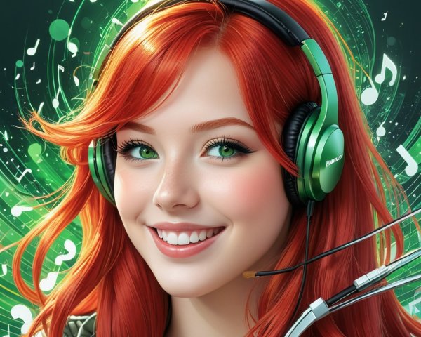Digital Artwork of Young Woman with Red Hair and Headphones