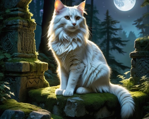 Majestic Norwegian Forest Cat Under Full Moon Glow