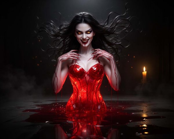 Vampire Woman in Blood with Crimson Glow and Corset