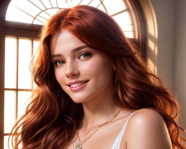 Young woman with red hair and warm smile by window
