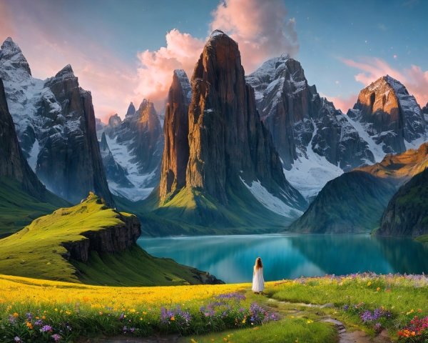 Snow-Capped Mountains Surrounding a Tranquil Lake Scene