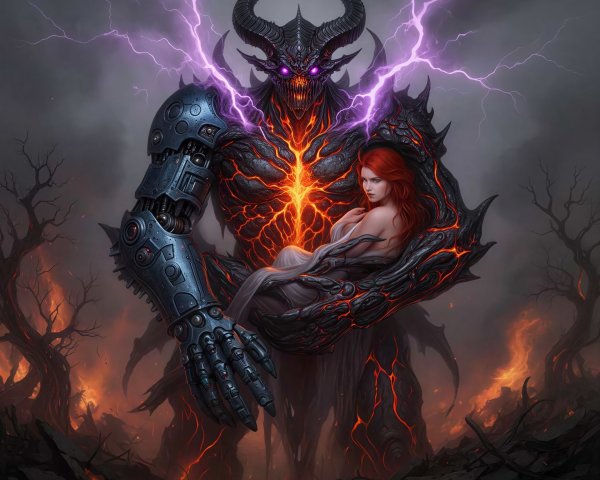 Demon Creature with Lava Skin and Captive Woman