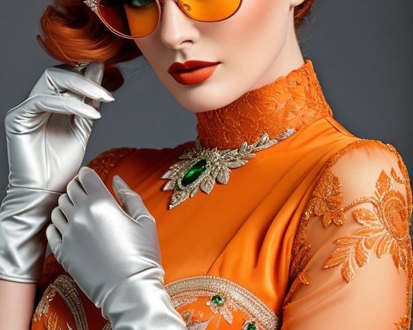 Elegant Woman in Orange Dress with Red Hair and Glasses