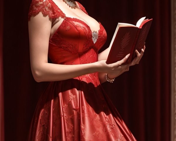 Woman in Elegant Red Gown Reading a Book