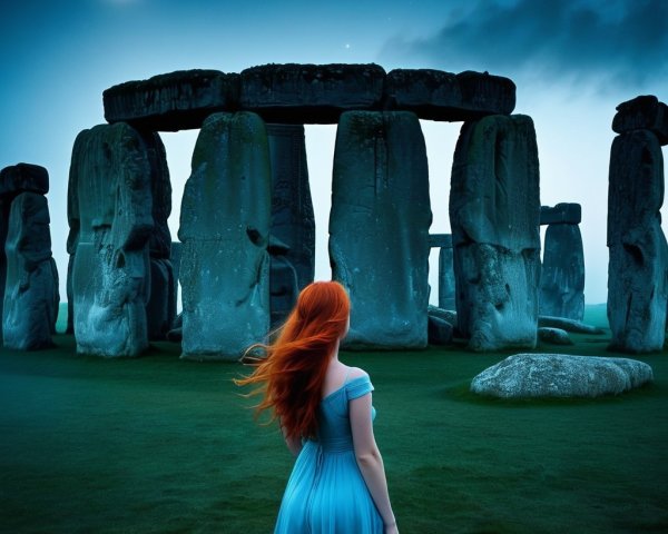 Ginger Woman in Blue Dress at Stonehenge Night Scene