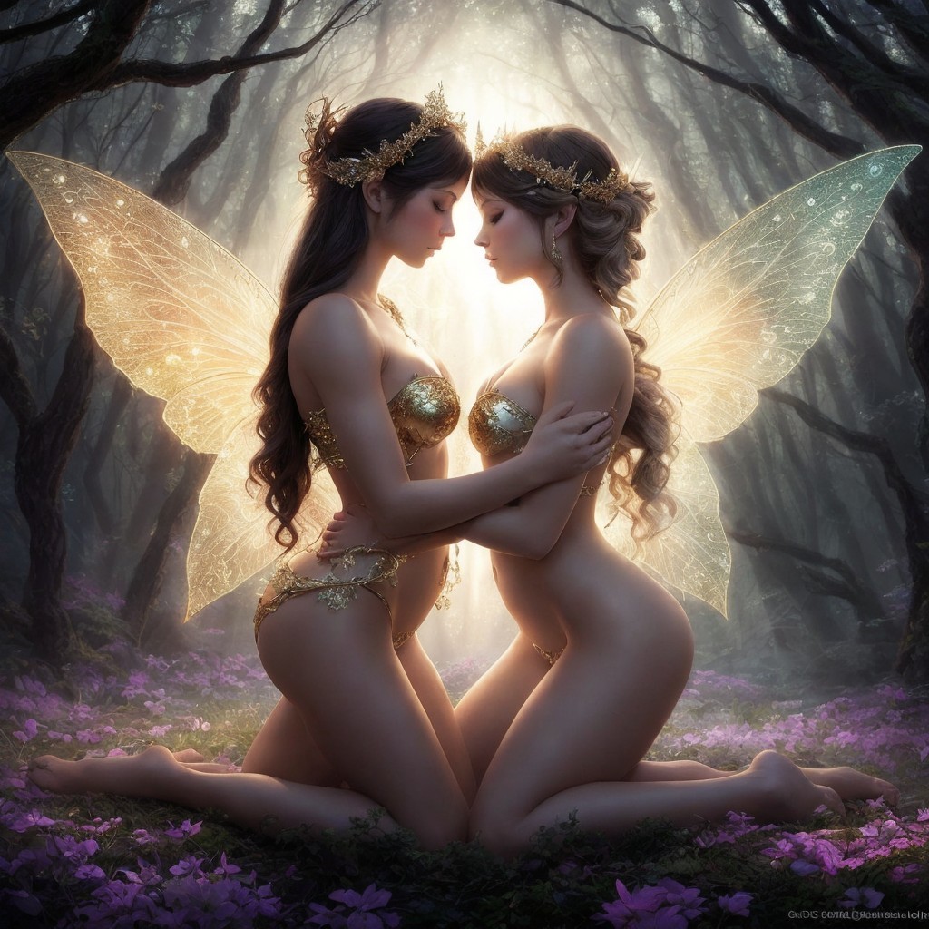 Ethereal Figures with Butterfly Wings in a Flower Field