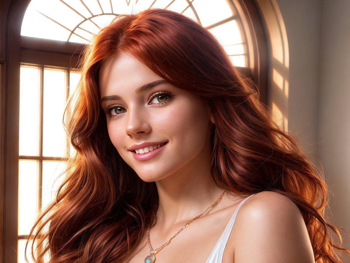 Young woman with red hair and warm smile by window