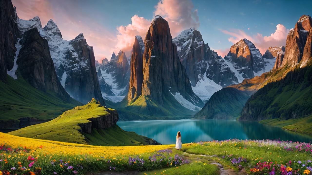 Snow-Capped Mountains Surrounding a Tranquil Lake Scene