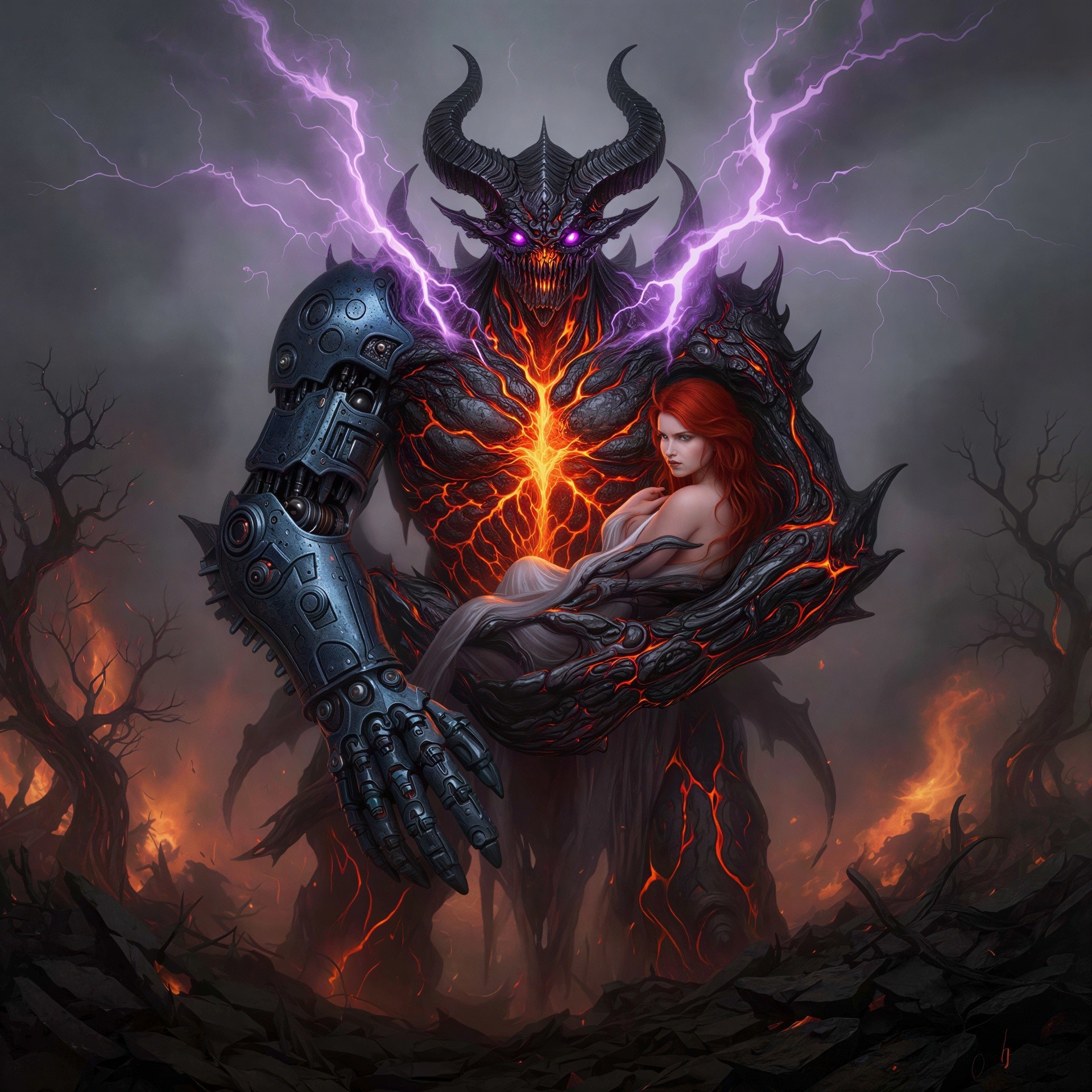 Demon Creature with Lava Skin and Captive Woman