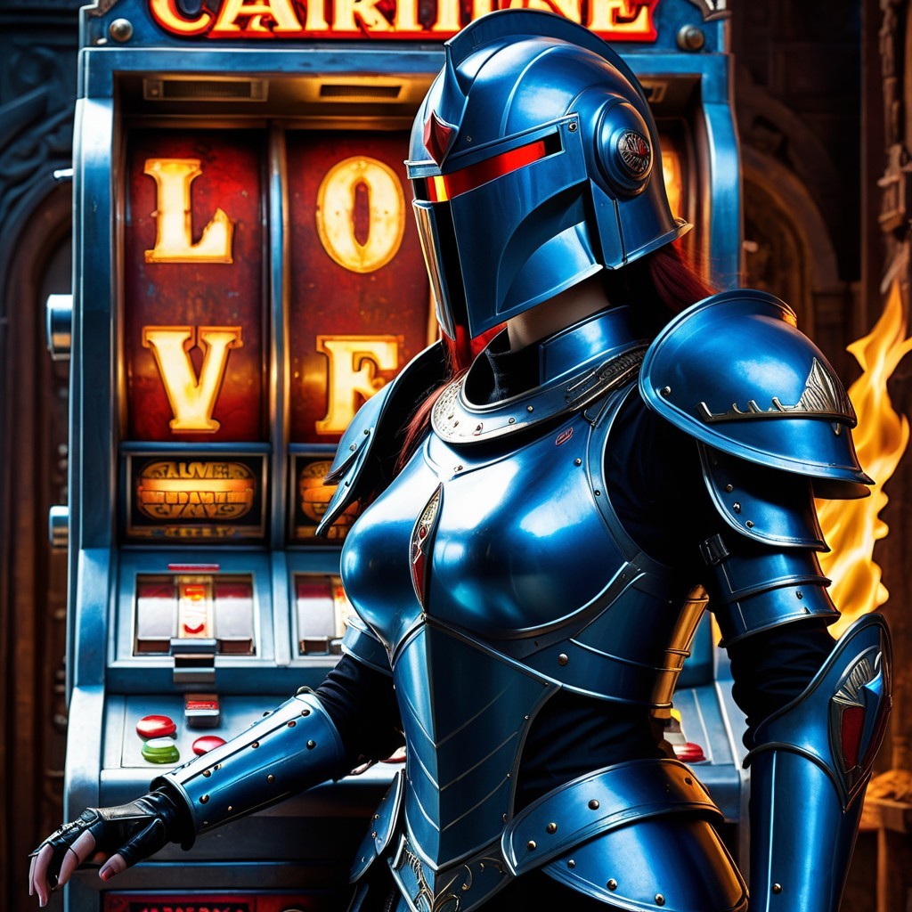 Female Warrior in Blue and Black Armor with Slot Machine