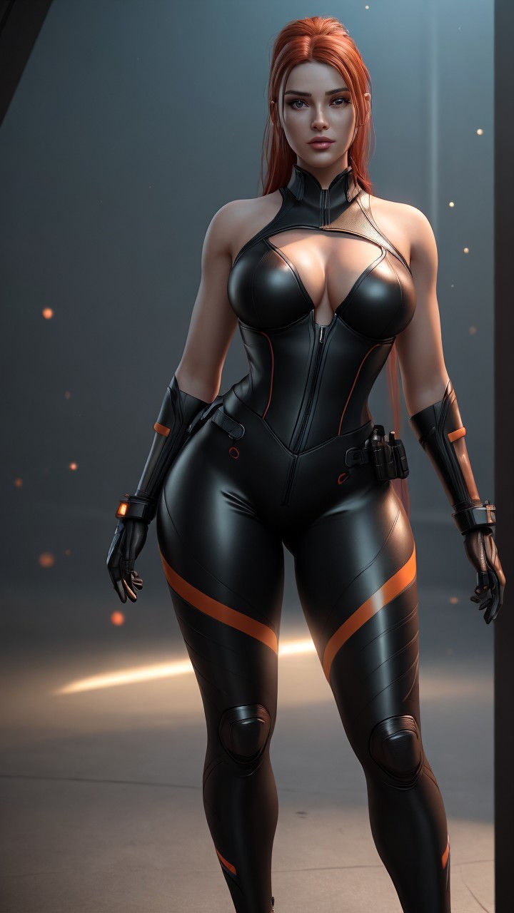 Confident Woman in Futuristic Black and Orange Bodysuit