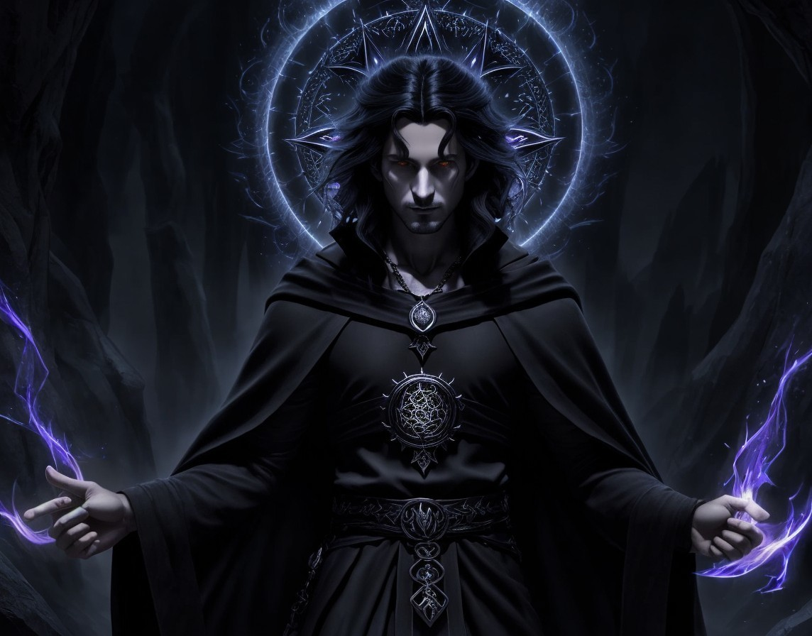 Mysterious cloaked figure with glowing energy and pentagram