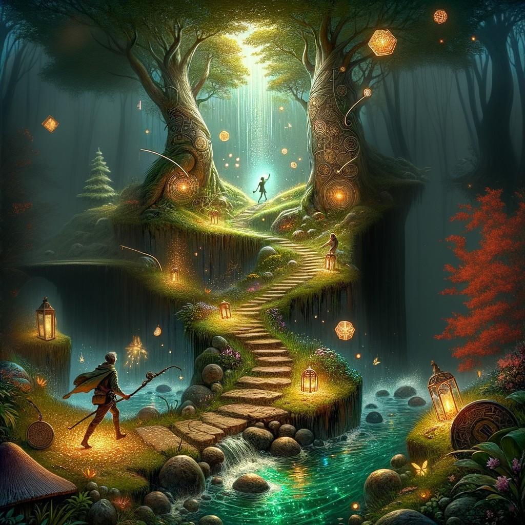 Mystical Forest Scene with Towering Trees and Stream
