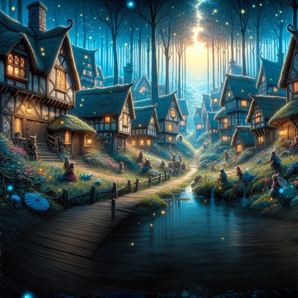 Whimsical Village in a Serene Forest Setting