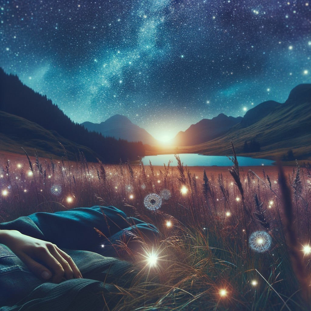 Twilight Scene of a Person by a Starry Lake