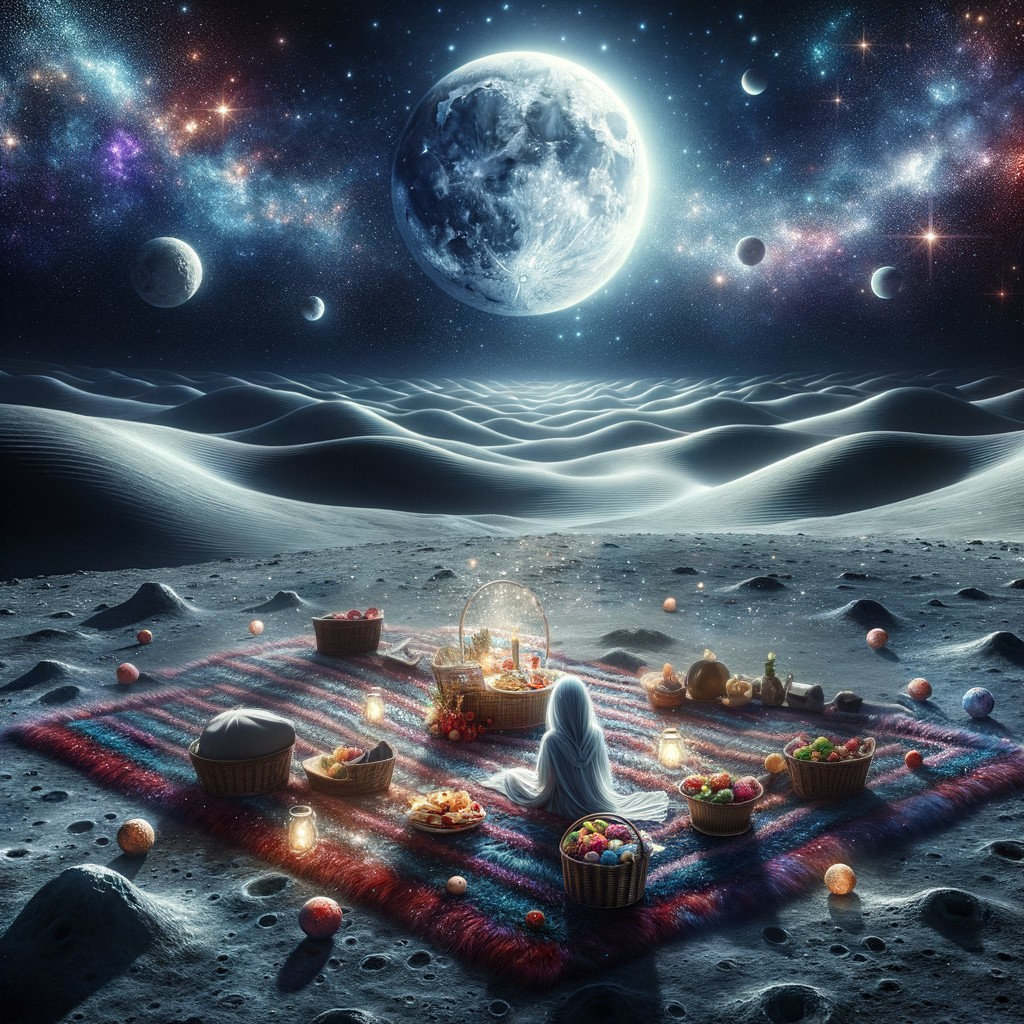 Moonlit Picnic on a Sandy Lunar Landscape