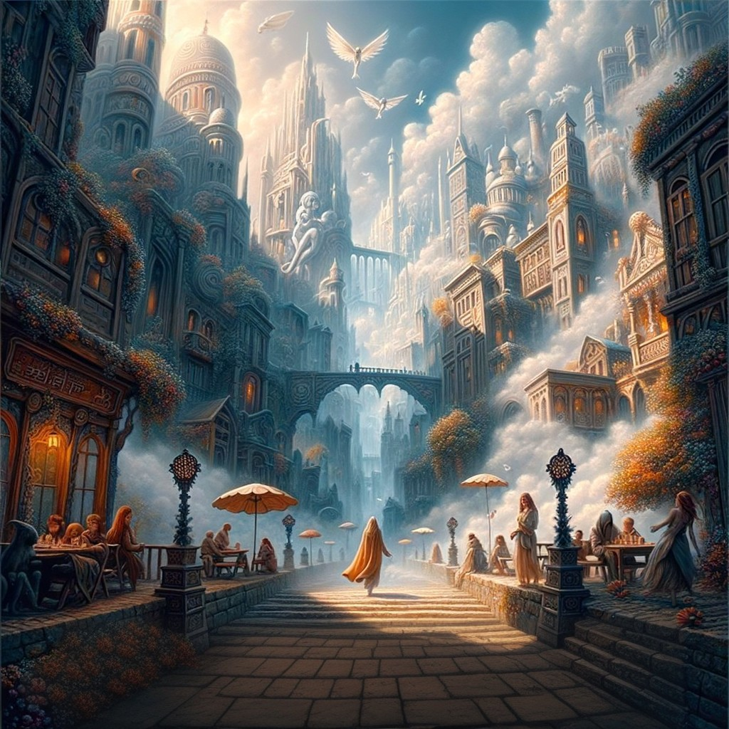 Vibrant Fantasy City with Towering Spires and Creatures