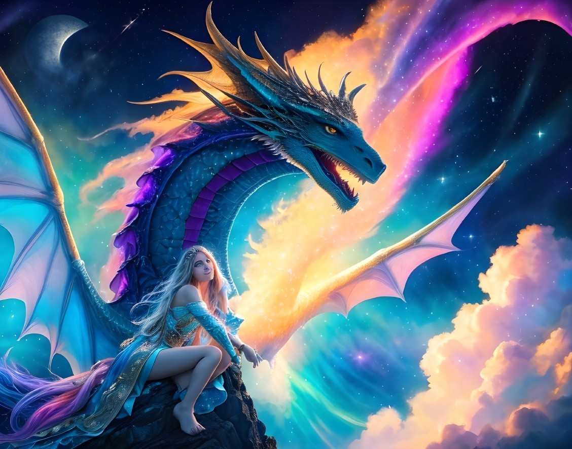 Majestic dragon and woman in cosmic fantasy scene