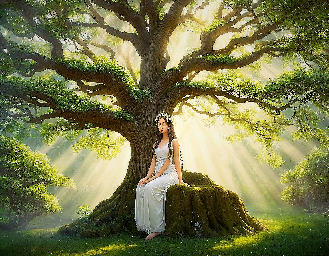 Serene Figure in White Gown by Majestic Tree